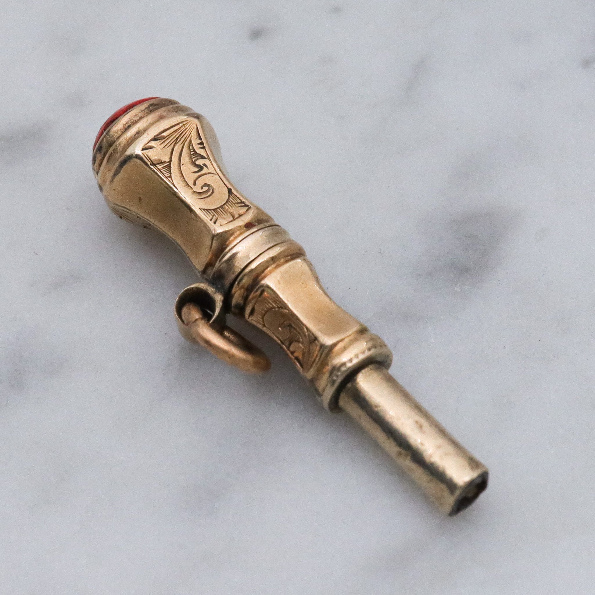 Antique Victorian 10k gold watch key fob with red stone end